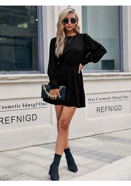 Kadın Uzun Kollu Bisiklet Yaka Beli Lastikli Fırfırlı Ithal Krep Elbise fırsatları