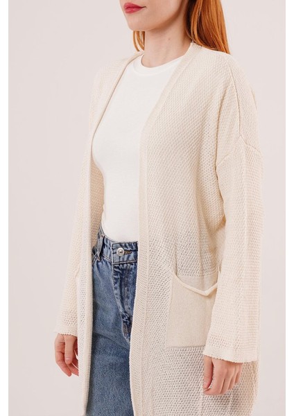 Cepli Salaş Model Triko Uzun Krem Hırka modelleri