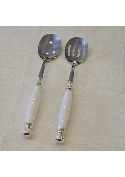 Porselen Salata Servis Kaşık Seti Gümüş