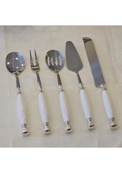Porselen 5 Parça Servis Kaşık Seti Gümüş