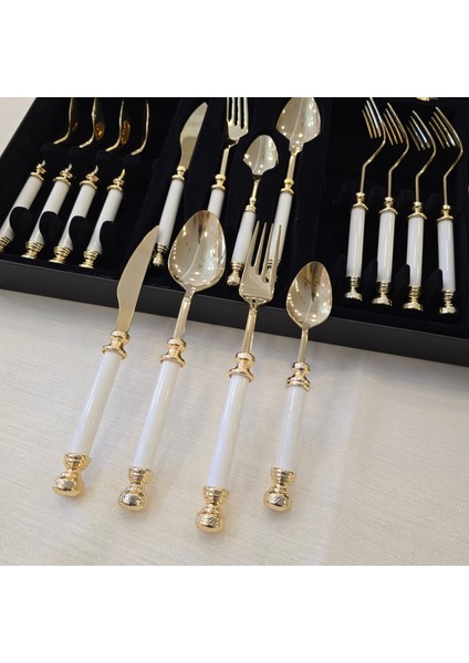 24 Parça Porselen Yemek Kaşık Takımı Altın Titanyum