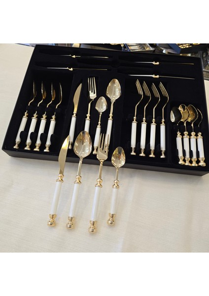 24 Parça Porselen Yemek Kaşık Takımı Altın Titanyum fiyatları