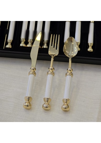 18 Parça Porselen Tatlı Kaşık Takımı Altın Titanyum