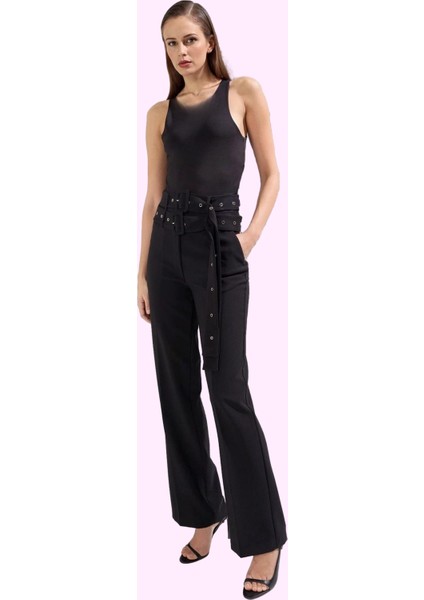 Kadın Şık Boru Paça Pantolon Yüksek Bel Geniş Kalıp Dokuma Kumaş Yaz Aylarının Vazgeçilmezi