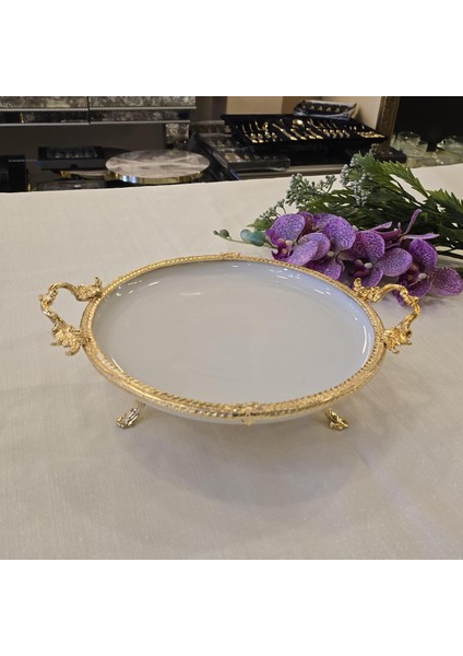 Metal Çerçeveli Yuvarlak Porselen Servis Tabağı 30 cm