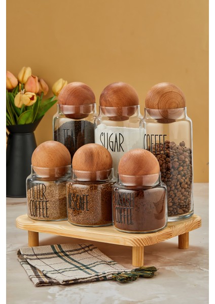 3lü Standlı Top Kapaklı Cam 1300ML Tea/şugar/coffe ve 3lü 500ML Kahve Kavanozu (Transfer Etiket)