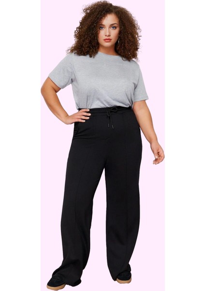 Kadın Örme Pantolon Geniş Paça Yüksek Bel Interlok Dokuma Günlük Kullanım Kaliteli Malzeme