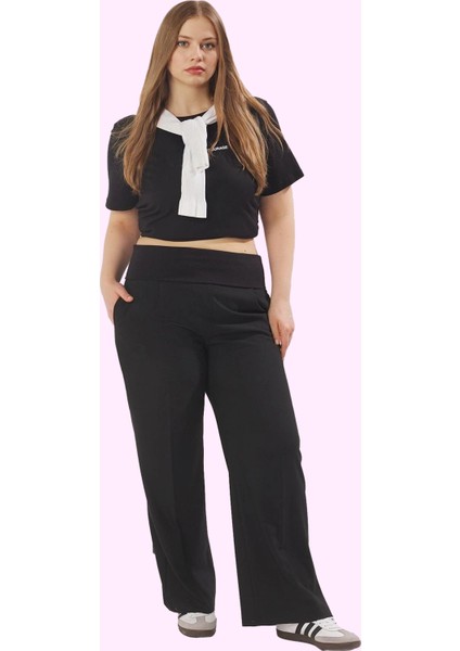 Kadın Büyük Beden Geniş Paça Pantolon Yüksek Bel Günlük Kullanım Için Ideal Seçim Hafta Sonu
