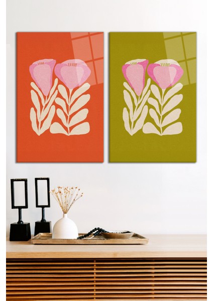 Renkli Bohem Çiçek Illüstrasyonu 2'li Cam Tablo Seti, Modern Ev Dekoru, Hediyelik Duvar Dekorasyonu