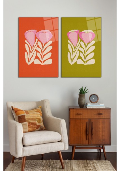 Renkli Bohem Çiçek Illüstrasyonu 2'li Cam Tablo Seti, Modern Ev Dekoru, Hediyelik Duvar Dekorasyonu fiyatları