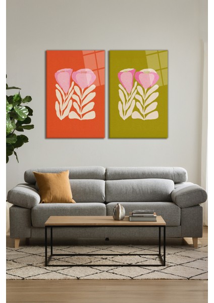 Renkli Bohem Çiçek Illüstrasyonu 2'li Cam Tablo Seti, Modern Ev Dekoru, Hediyelik Duvar Dekorasyonu modelleri