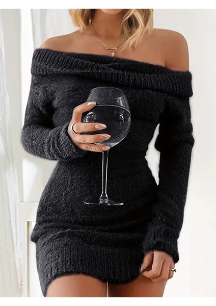 Kadın Uzun Kollu Omuzlardan Açık Kısa Şardonlu Triko Elbise