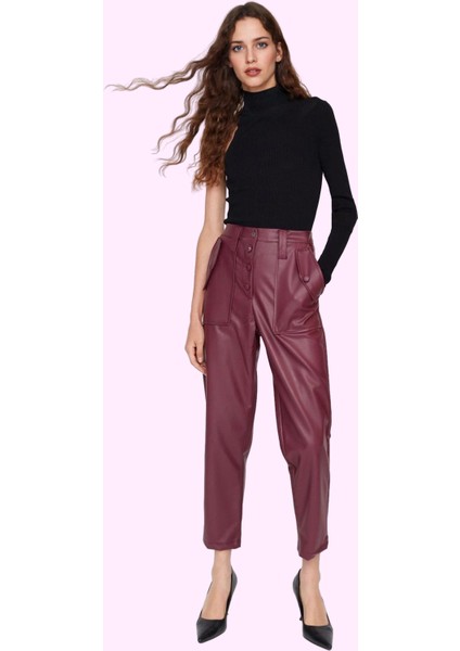 Kadın Düz Desenli Regular Havuç Pantolon Suni Deri Dokuma Kumaş Günlük Kombin Modern Tasarım fiyatları