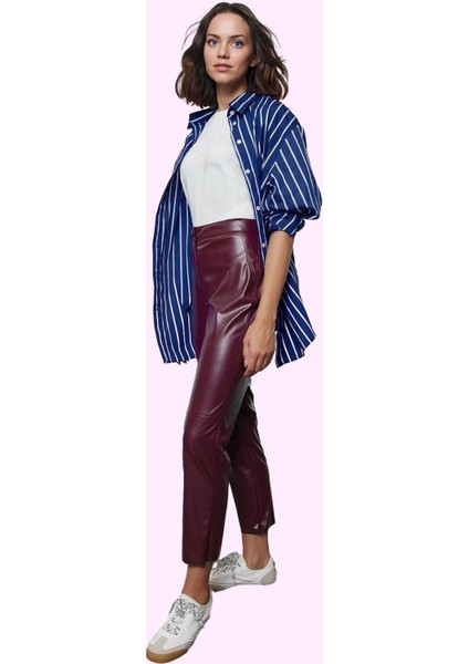 Kadın Fermuarlı Suni Deri Pantolon Dokuma Kumaş Yüksek Bel Kışlık Yaz Aylarının Vazgeçilmezi