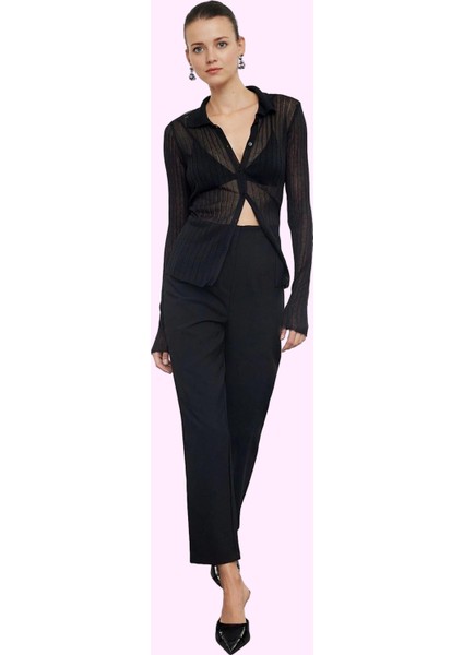 Kadın Polyester Elastan Dokuma Pantolon Yüksek Bel Cigarette Kalıp Tüm Sezonlar Günlük Kullanım