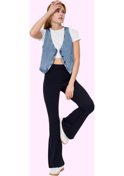 Kadın Esnek Örme Pantolon Yüksek Bel Ispanyol Paça Flare Günlük Stil Yaz Aylarının Vazgeçilmezi