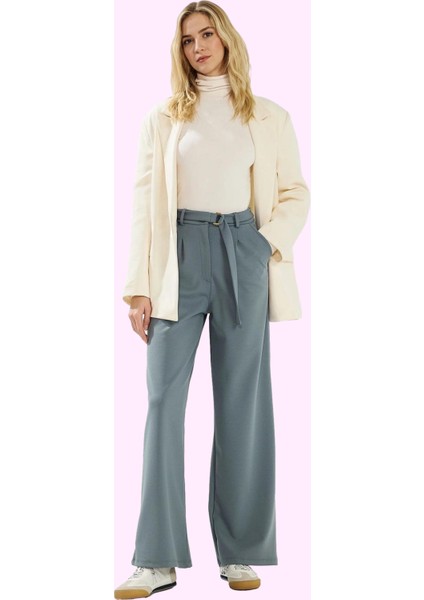 Kadın Smart Krep Kumaş Pantolon Yüksek Bel Geniş Paça Örme Iş ve Günlük Kullanım Hafta Sonu fiyatları