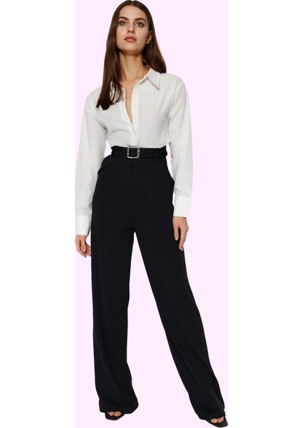 Kadın Smart Krep Kumaş Pantolon Yüksek Bel Geniş Paça Örme Iş ve Günlük Kullanım Hafta Sonu