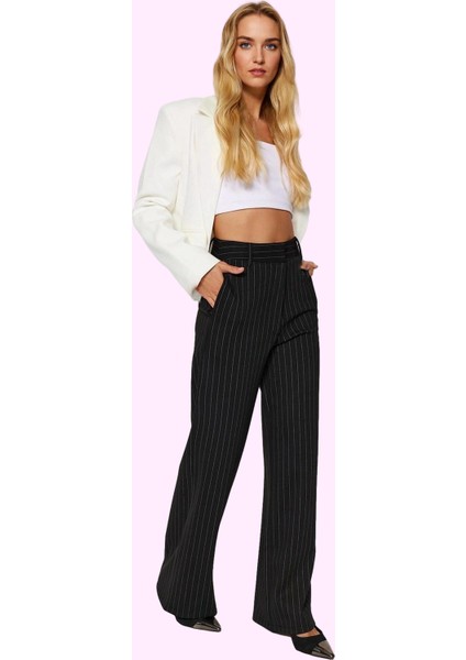 Kadın Straight Fit Pantolon Kışlık Çizgili Yüksek Bel Kemerli Günlük Kullanım Modern Tasarım