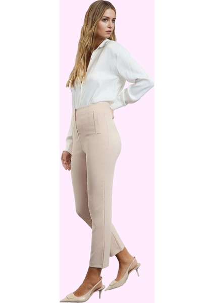 Kadın Polyester Elastan Dokuma Pantolon Yüksek Bel Cigarette Kalıp Tüm Sezonlar Günlük Kullanım