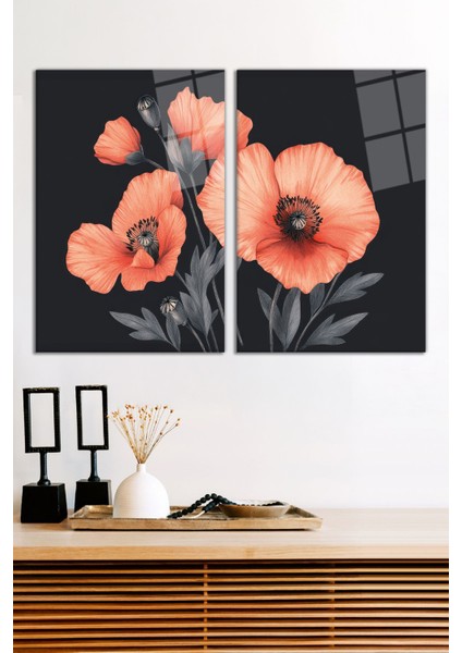 Turuncu Gelincik Çiçeği 2'li Cam Tablo Seti, Modern Ev ve Ofis Dekoru, Hediyelik Duvar Dekorasyonu