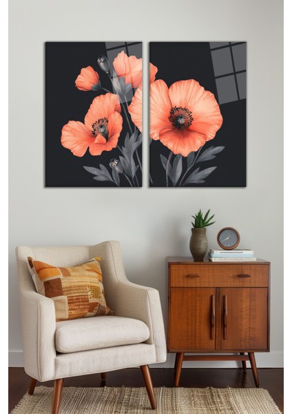 Turuncu Gelincik Çiçeği 2'li Cam Tablo Seti, Modern Ev ve Ofis Dekoru, Hediyelik Duvar Dekorasyonu fiyatları