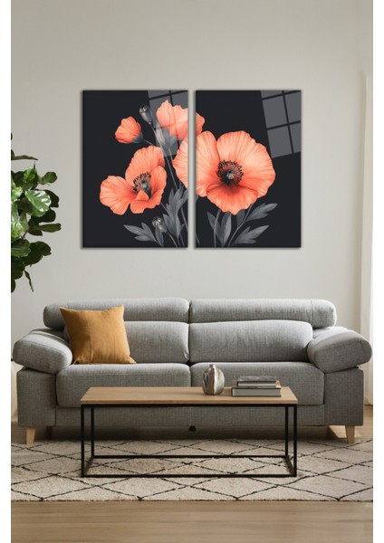 Turuncu Gelincik Çiçeği 2'li Cam Tablo Seti, Modern Ev ve Ofis Dekoru, Hediyelik Duvar Dekorasyonu modelleri