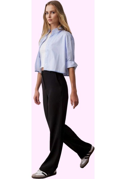 Dokuma Kumaş Kadın Pantolon Geniş Paça Flare Kalıp Yüksek Bel Smart Ofis Dayanıklı Malzeme