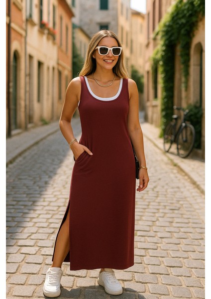 Kadın Yırtmaç Detaylı Viskon Kumaş Maxi Boy Cepli Iç Dahil Ikili Elbise