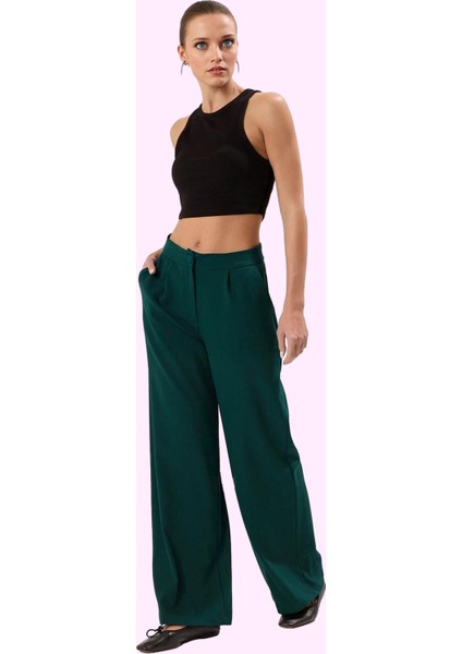 Kadın Yüksek Bel Wide Leg Pantolon Finike Dokuma Kumaş Çift Cepli Rahat Günlük Özel Günler fiyatları