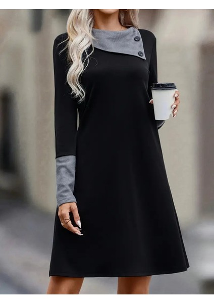 Kadın Uzun Kollu Yakadan Düğmeli Kısa Viskon Iki Iplik Elbise indirimleri