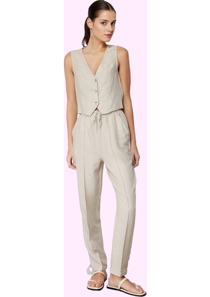 Kadın Yazlık Pantolon Straight Kalıp Yüksek Bel Keten Karışımlı Dokuma Kumaş Günlük Kullanım