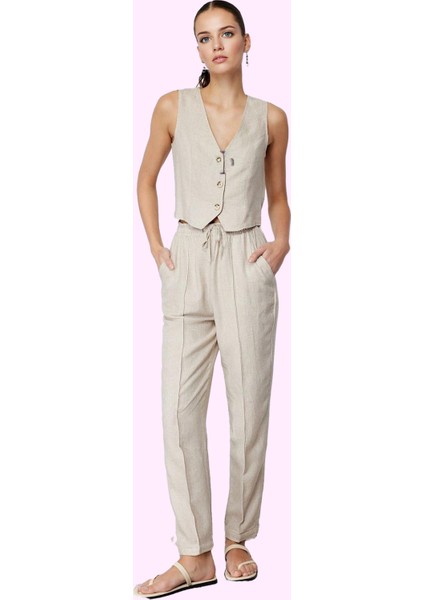 Kadın Yazlık Pantolon Straight Kalıp Yüksek Bel Keten Karışımlı Dokuma Kumaş Günlük Kullanım fiyatları