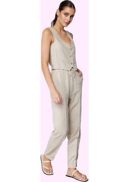 Kadın Yazlık Pantolon Straight Kalıp Yüksek Bel Keten Karışımlı Dokuma Kumaş Günlük Kullanım modelleri