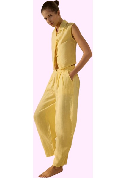 Kadın Keten Boyfriend Pantolon Yüksek Bel Geniş Paça Dokuma Kumaş Günlük Stil Modern Tasarım