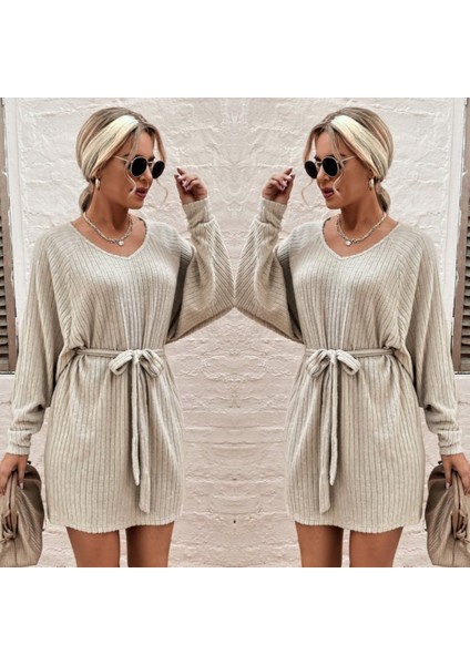 Kadın Uzun Kollu Fitilli Şardonlu Detay Buklet Kuşaklı Yumoş Elbise modelleri