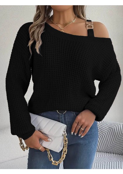 Kadın Uzun Kollu Tek Omuzu Açık Tokalı Triko Bluz