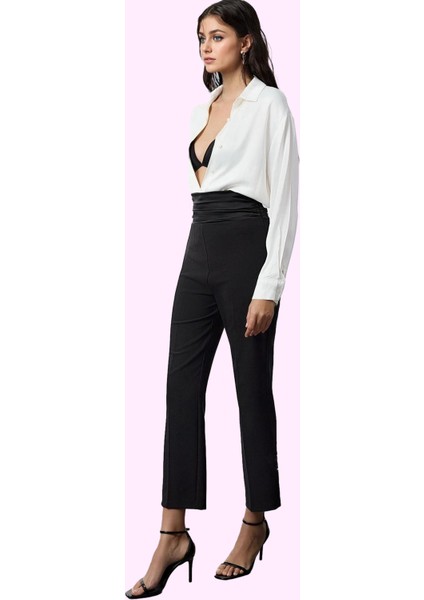 Kadın Şık Gece Pantolonu Yüksek Bel Boru Paça Polyester Karışımlı Dokuma Dayanıklı Malzeme