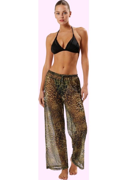 Kadın Şık Leopar Desenli Plaj Pantolonu Normal Bel Örme Kumaş Uzun Boy Yazlık Günlük Kullanım