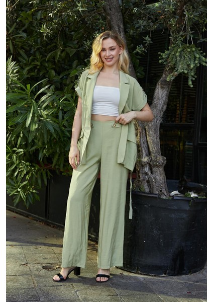 Kadın Ipeksi Modal Kumaş Yakalı Düşük Omuzlu Apoletli Beli Kemerli Kısa Kol Düğmeli Ceket-Yağ Yeşil fırsatları