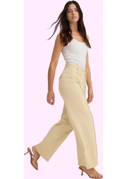 Kadın Gabardin Pantolon Yüksek Bel Geniş Paça Pamuk Yazlık Günlük Kullanım Kaliteli Malzeme