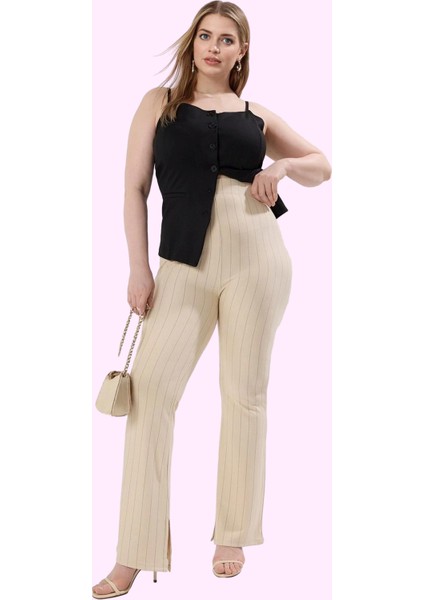 Kadın Büyük Beden Ispanyol Paça Pantolon Yüksek Bel Çizgili Desen Günlük Stil Modern Tasarım fiyatları