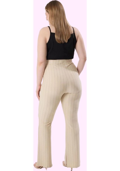 Kadın Büyük Beden Ispanyol Paça Pantolon Yüksek Bel Çizgili Desen Günlük Stil Modern Tasarım modelleri