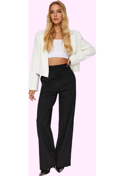 Kadın Straight Fit Pantolon Kışlık Çizgili Yüksek Bel Kemerli Günlük Kullanım Modern Tasarım fiyatları