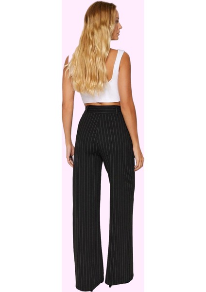 Kadın Straight Fit Pantolon Kışlık Çizgili Yüksek Bel Kemerli Günlük Kullanım Modern Tasarım modelleri