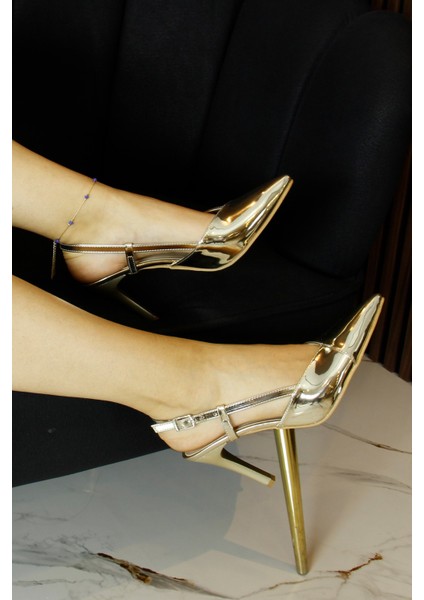 Sacha Altın Ayna Arkası Açık Bantlı Ince Topuklu Stiletto Ayakkabı