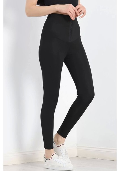 Agraflı Yüksel Bel Tayt Siyah