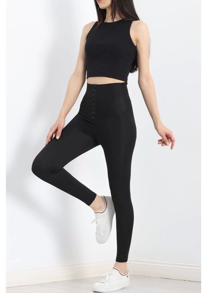 Agraflı Yüksel Bel Tayt Siyah