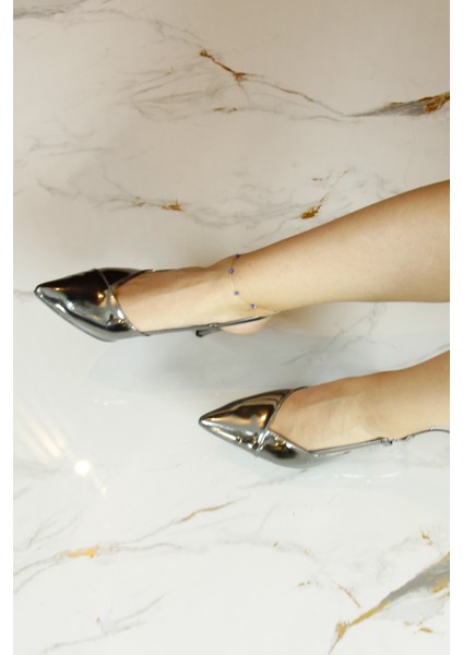 Sacha Platin Ayna Arkası Açık Bantlı Ince Topuklu Stiletto Ayakkabı