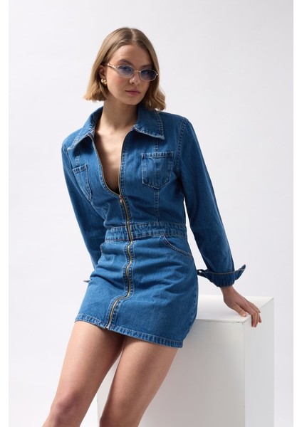 Cep Detaylı Fermuarlı Denim Elbise